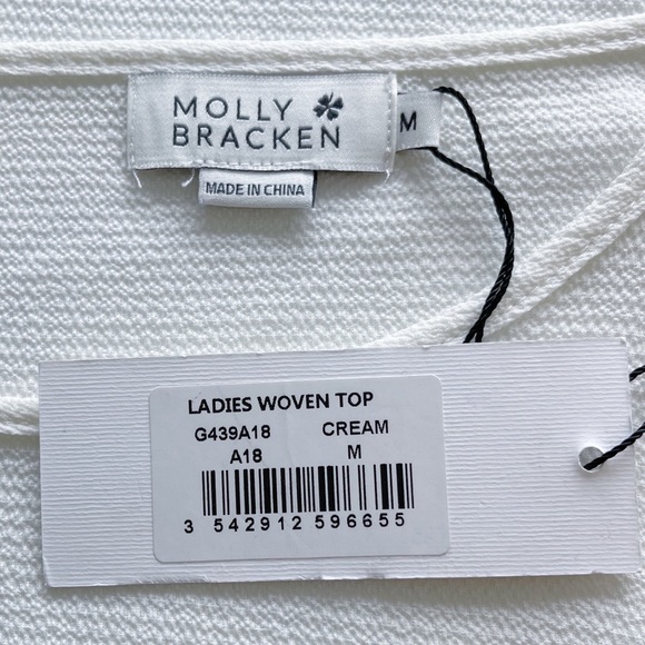 NWT Molly Bracken Off White Woven Top With Lace Sleeves & Puff Pleated Cuffs - Picture 6 of 8